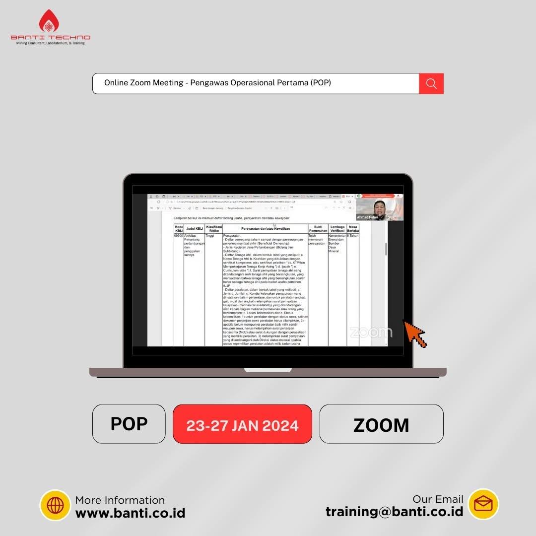 Sertifikasi Jarak Jauh Pengawas Operasional Pertambangan (POP,POM & POU) yang diselenggarakan PT Banti Tekno Investama